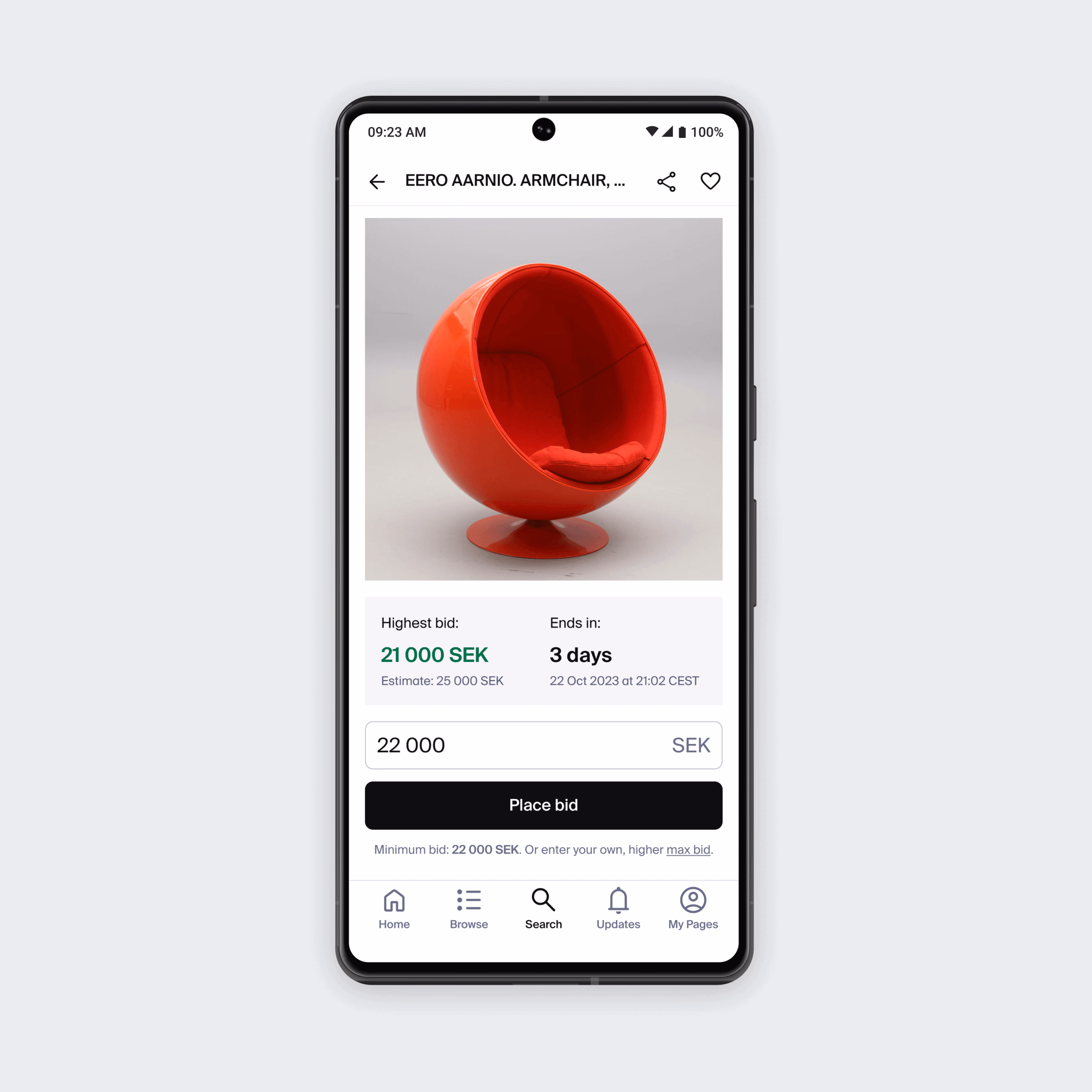 Auctionet Android app — item and bidding screen