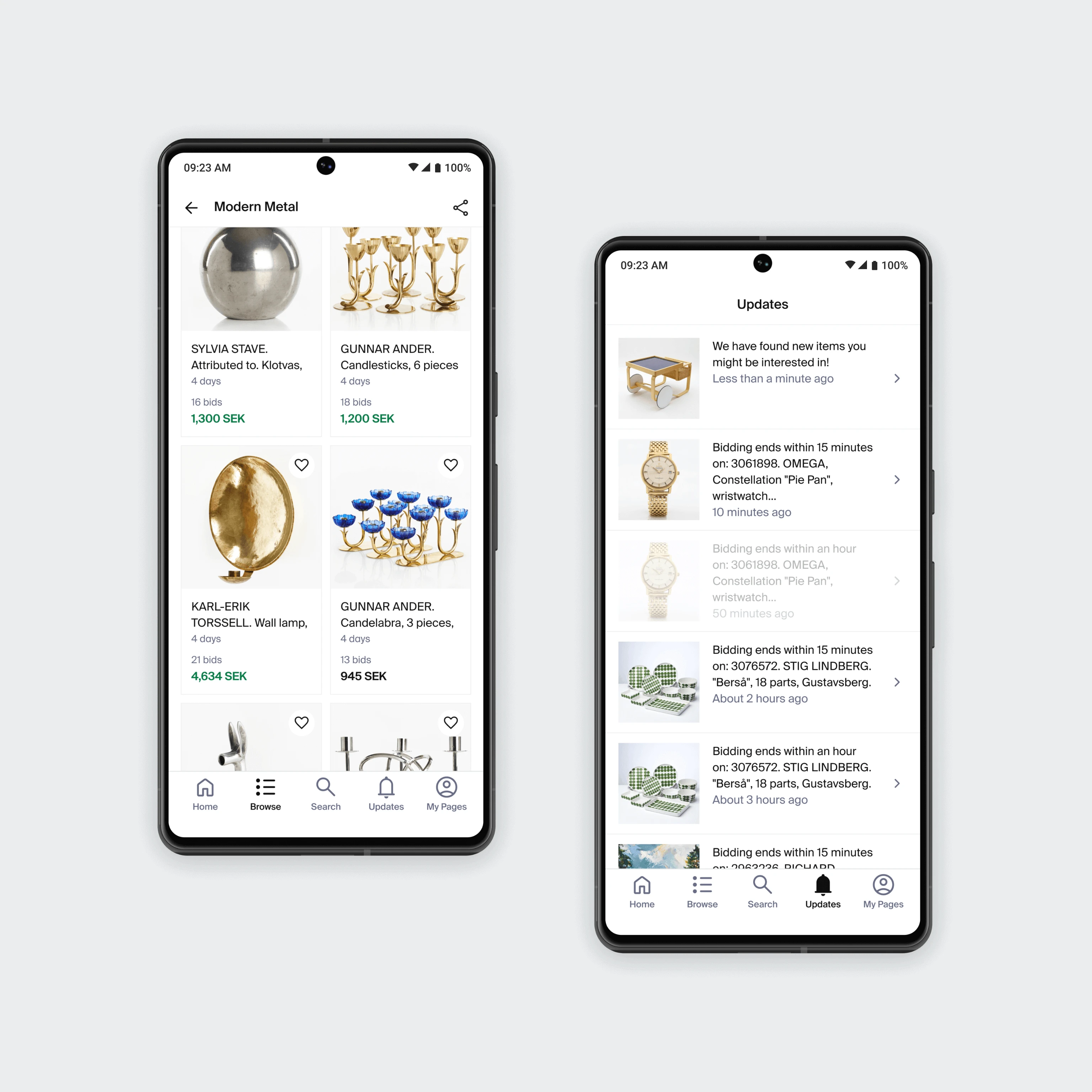 Auctionet Android app — browse and updates screens