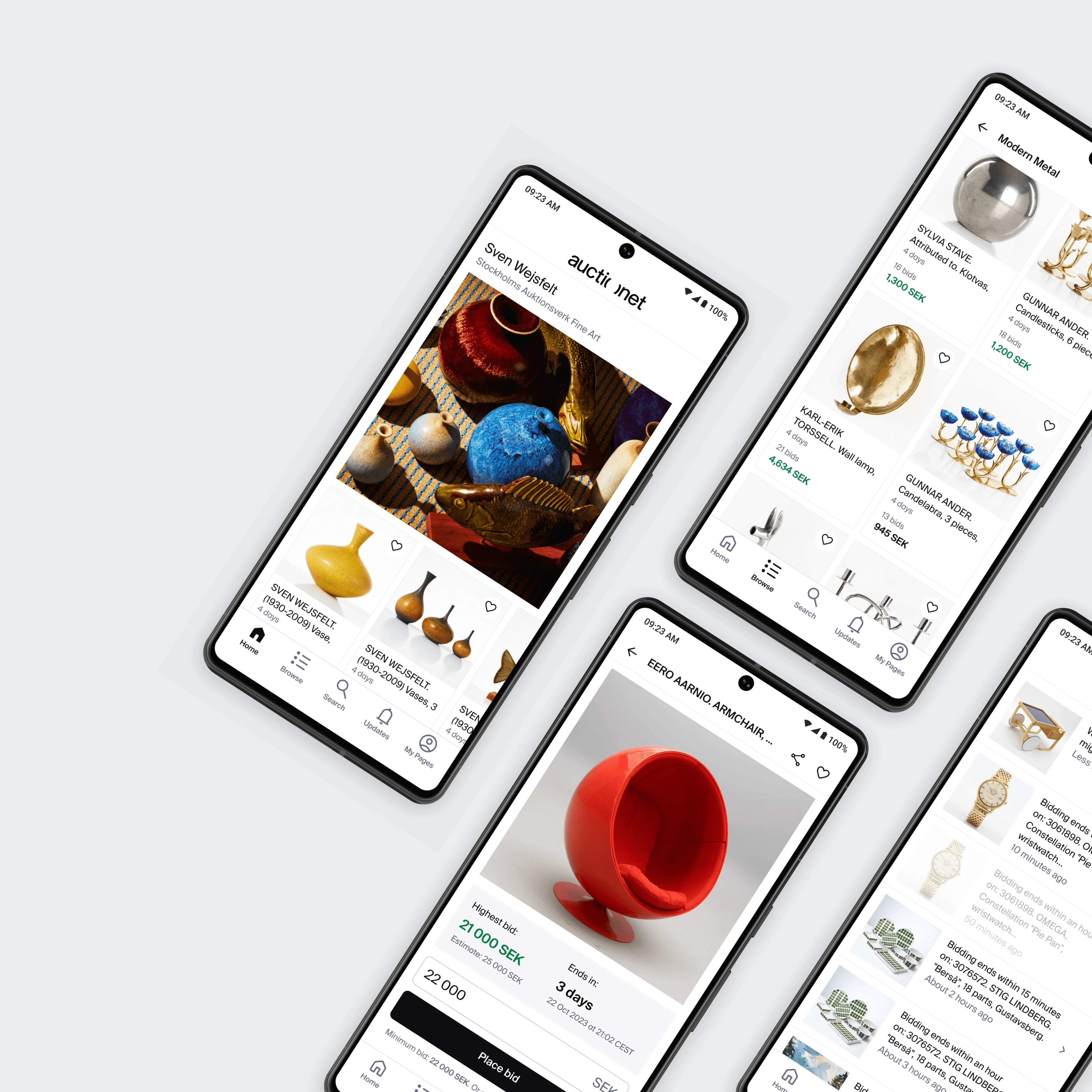 Auctionet Android app shown across multiple phones