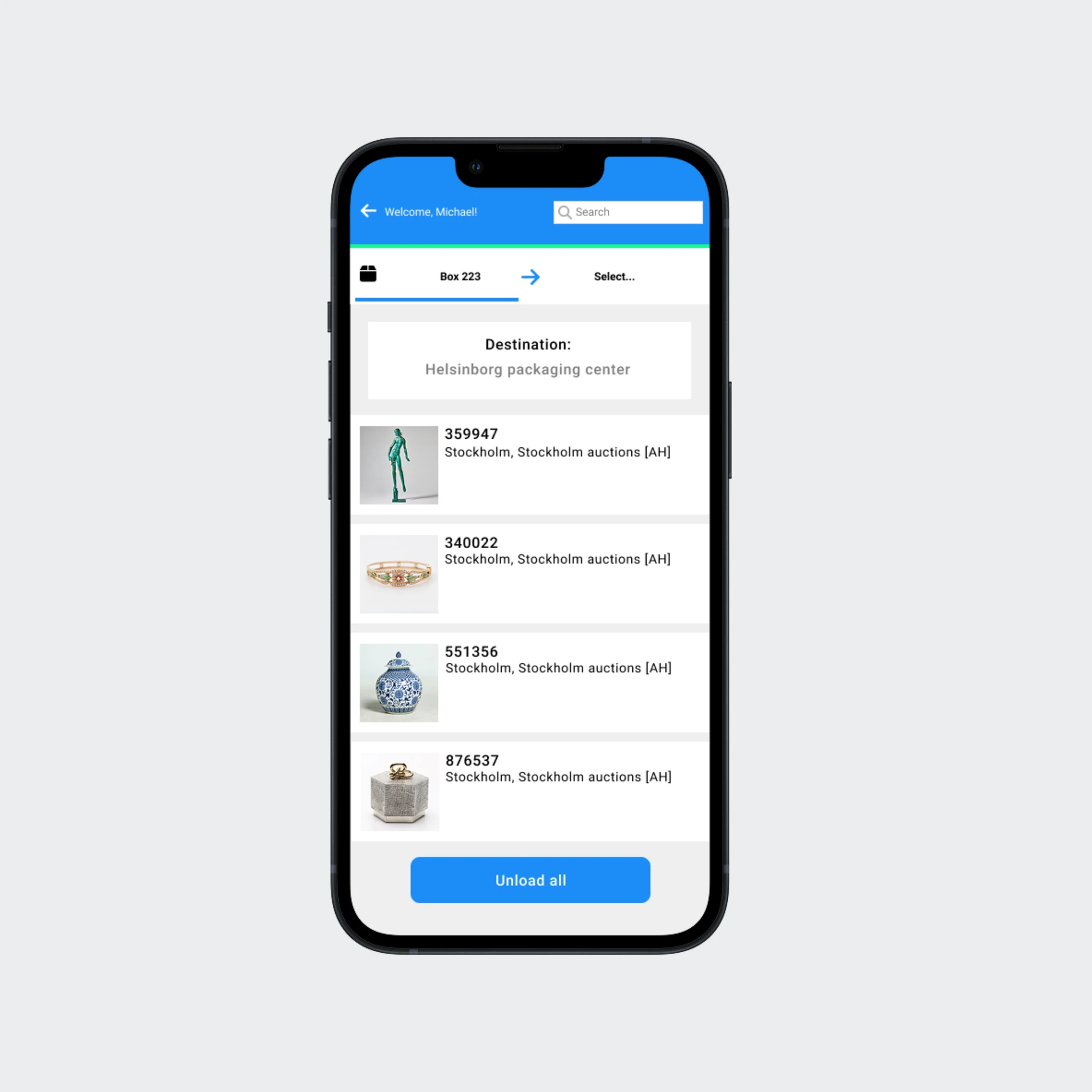 B2B logistics tracking app shown on a phone