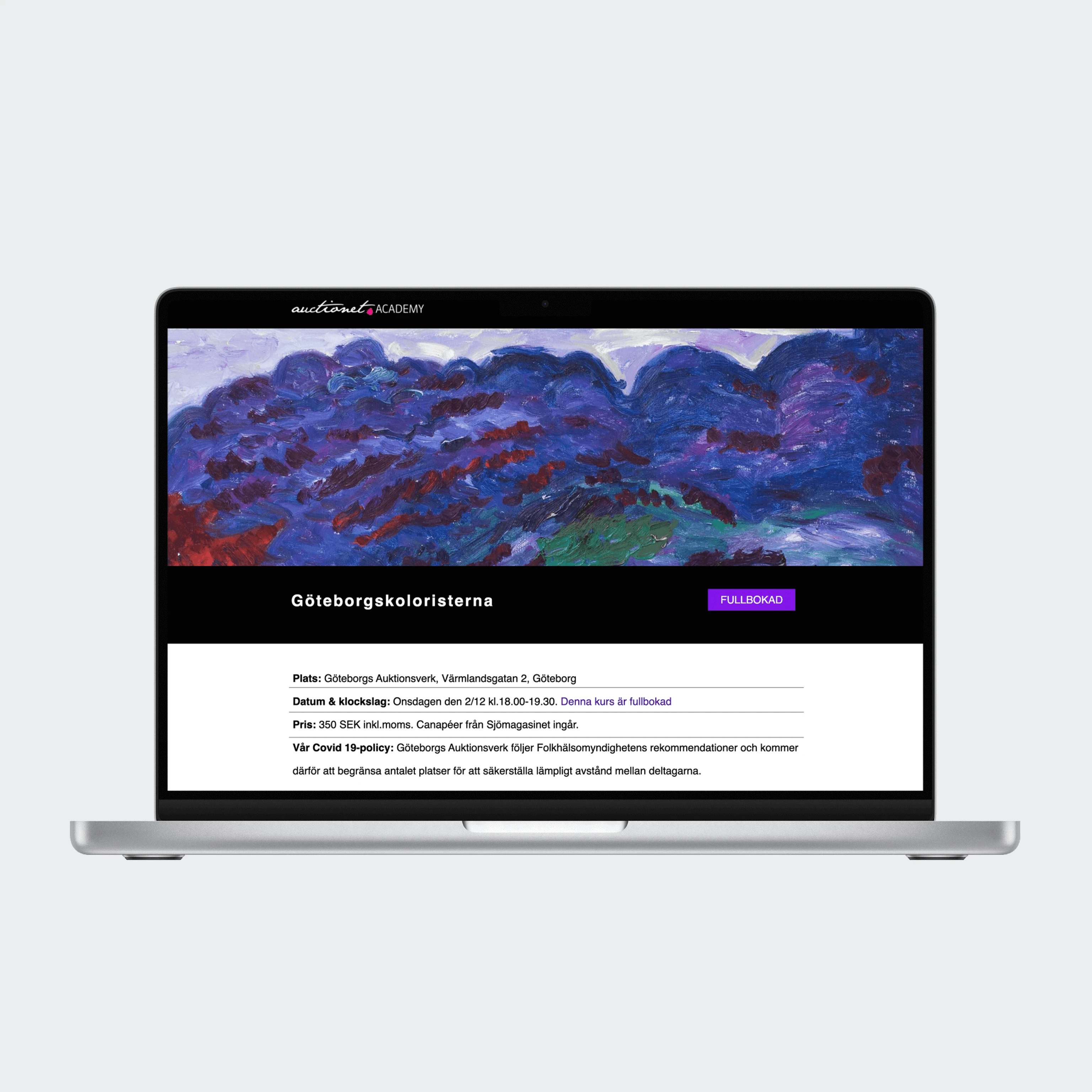 Auctionet Academy course detail page shown on a laptop
