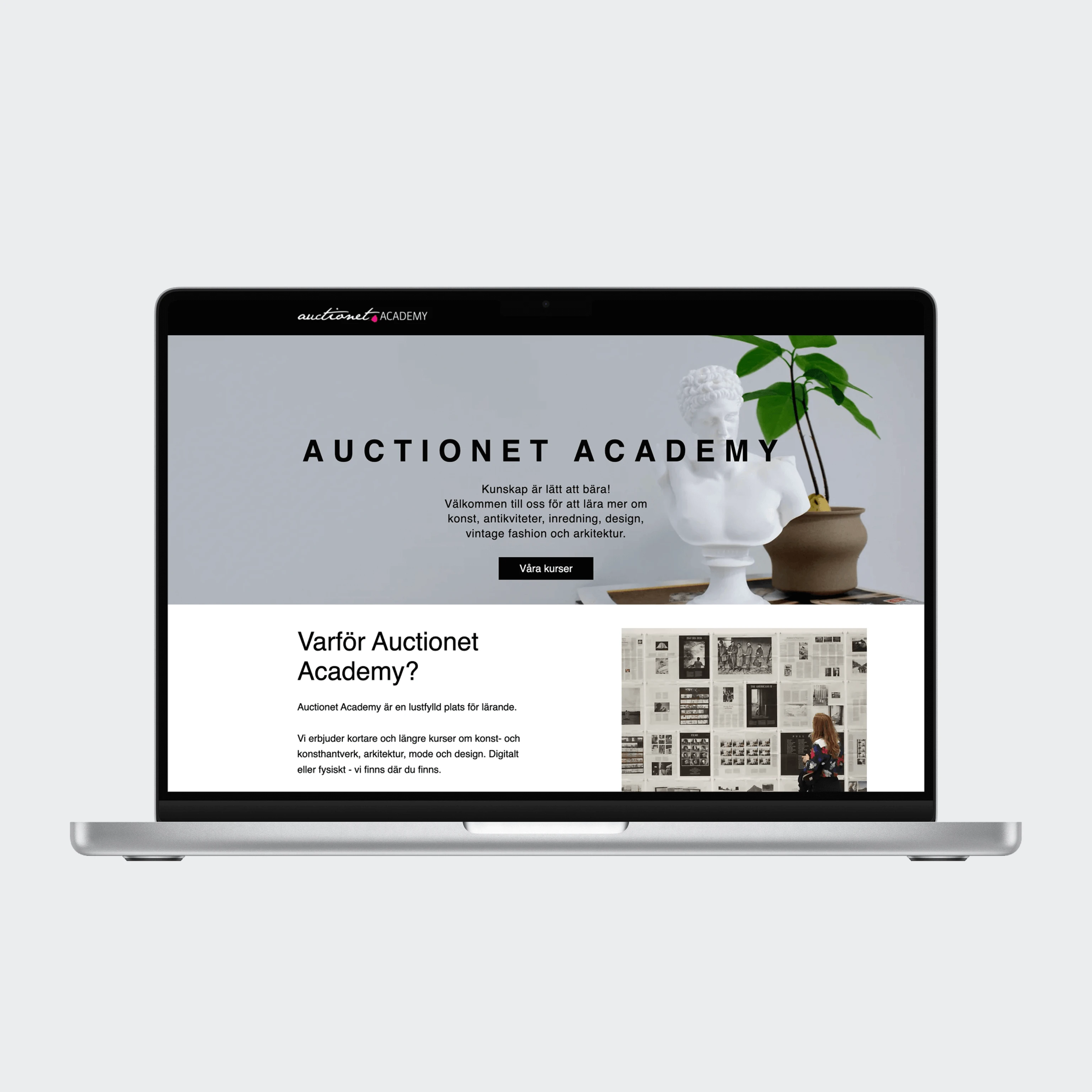 Auctionet Academy learning platform shown on a laptop
